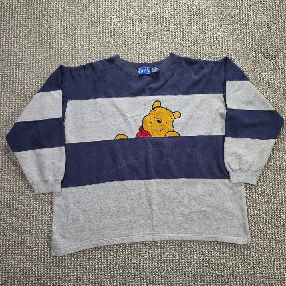 Vintage Disney Pooh Shirt Men XL 18/20 Striped Embroidered Winnie the Pooh Gray